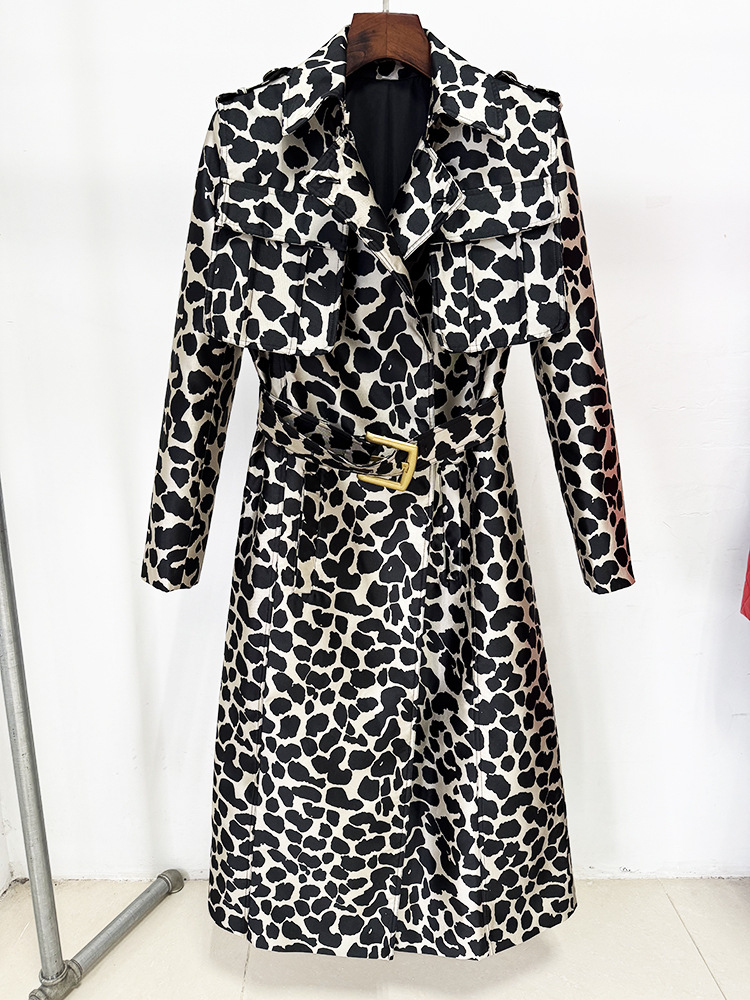 Autumn Winter Belt Leopard Jacquard Long Trench Coat - Image 3
