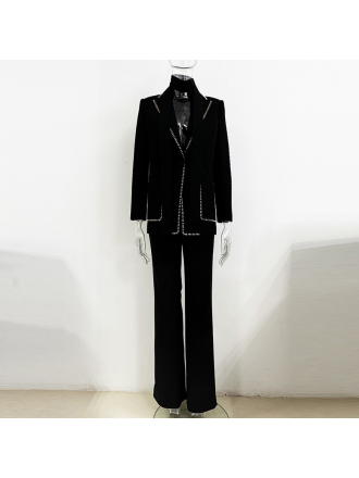 Scarf Drilling Loose Blazer Trousers Suit Two Pieces Set