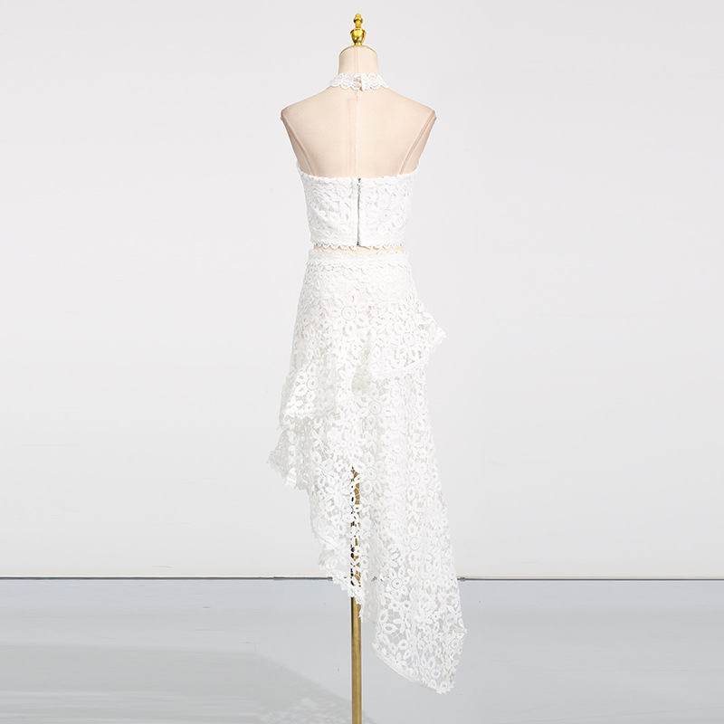 Casual Seaside Vacation Two Piece Set Lace Sleeveless Top Irregular Asymmetric Skirt Lace Set - Image 4
