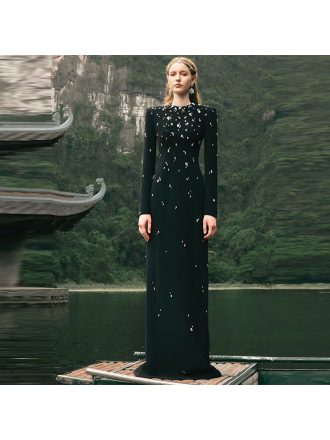Elegant Heavy Industry Beads Diamond Long Sleeve Formal Dress