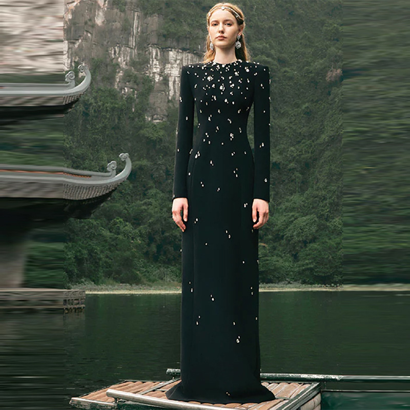 Elegant Heavy Industry Beads Diamond Long Sleeve Formal Dress