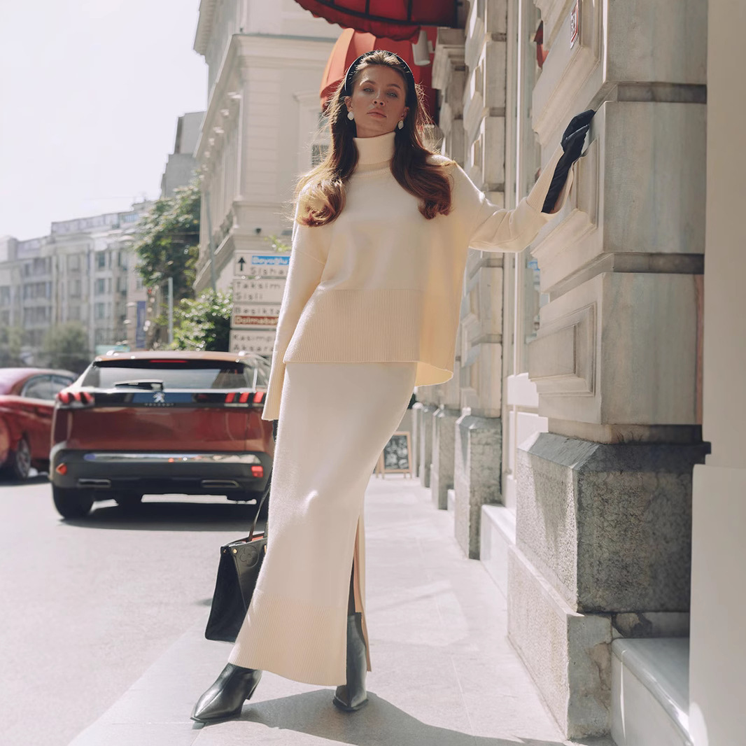 Turtleneck Sweater Skirt Set Loose Sweater Split Skirt Set - Image 2