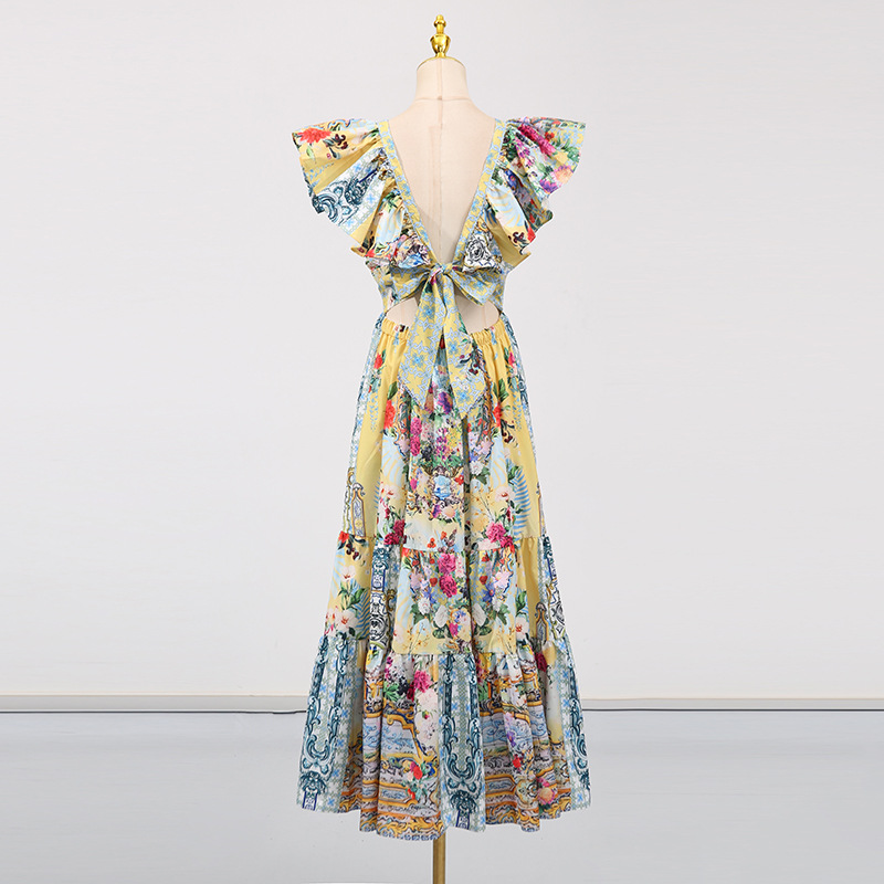 Bohemian Vacation Maxi Dress Printed Painted V neck Slim Fit Slimming Dress - Image 4