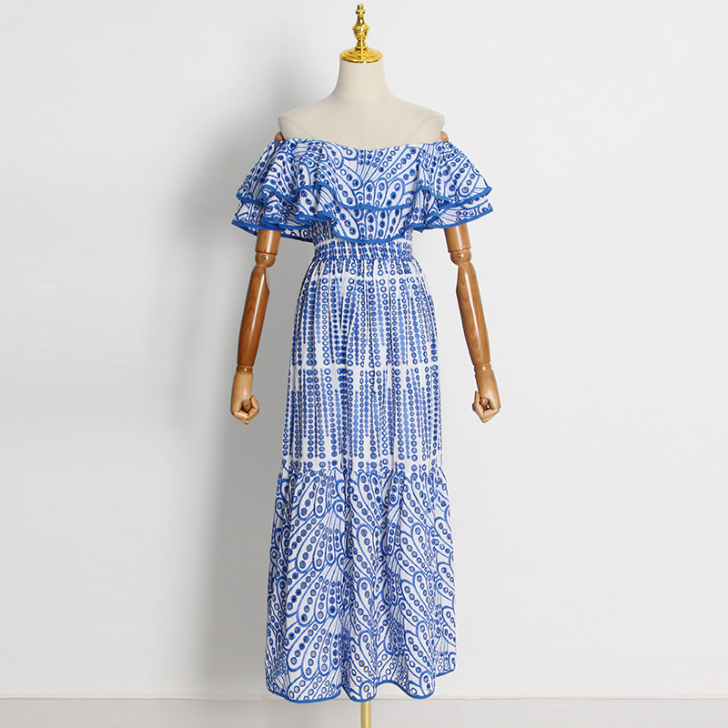 Elegant Double Layer Lotus Leaf Off Neck Embroidered Hollow out Maxi Dress - Image 2