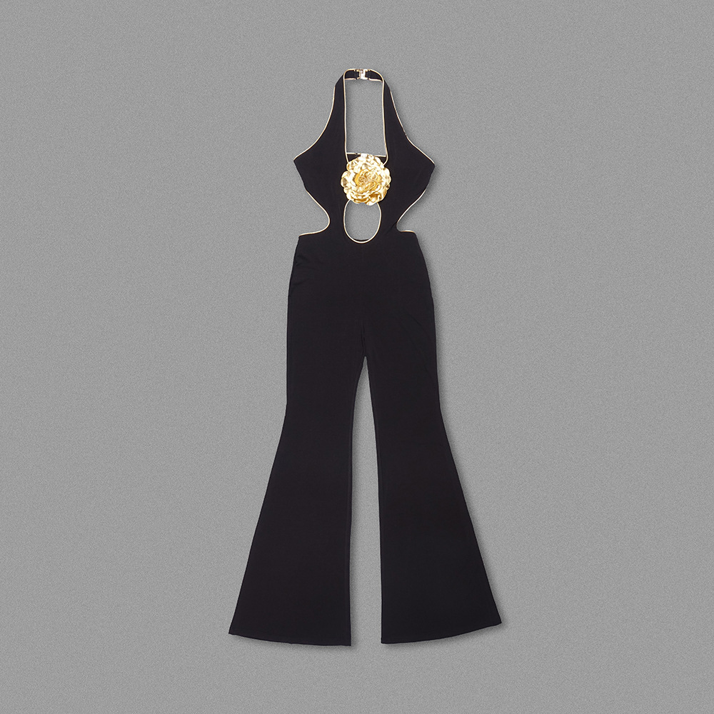 Halter Trousers Jumpsuit Golden Floral Sleeveless Backless - Image 3