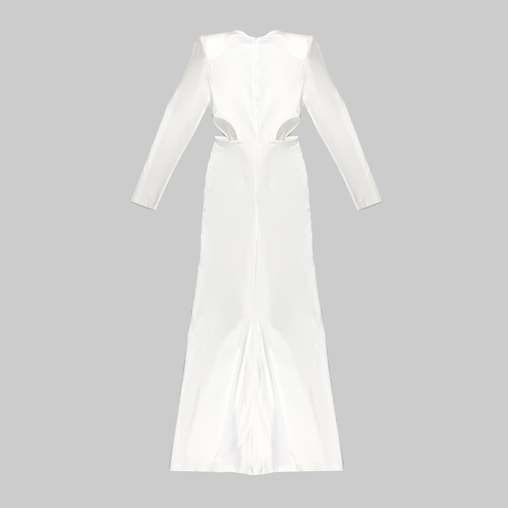 White Long Sleeve Pleating Hollow Out Cutout Cross Dress - Image 4