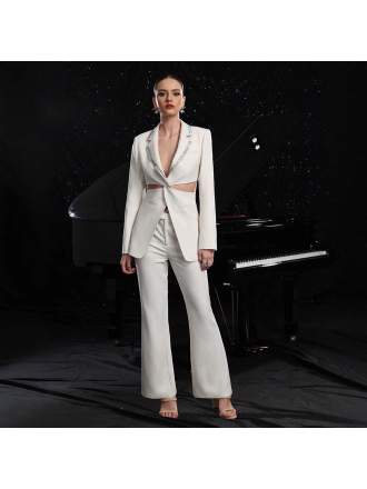 Hollow Out Cutout out Blazer Drilling High Grade Slim Fit Trousers Two Piece Sets