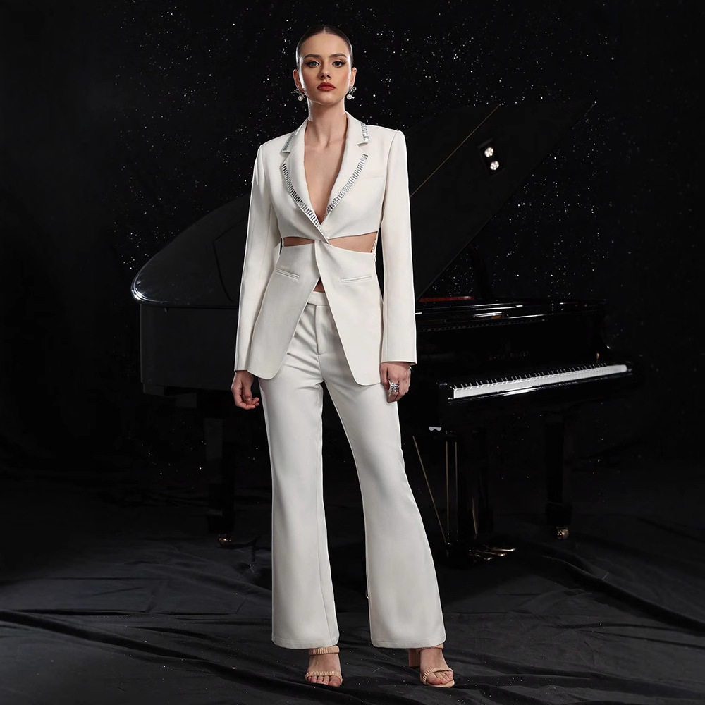 Hollow Out Cutout out Blazer Drilling High Grade Slim Fit Trousers Two Piece Sets