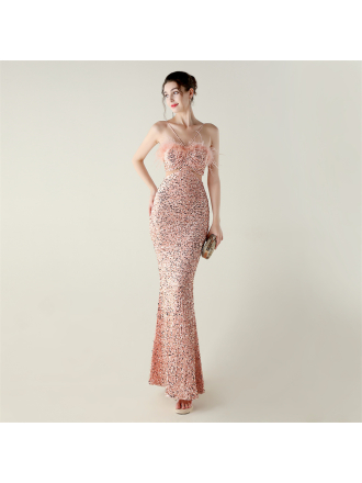 Velvet Bottom Sequin Craft Ostrich Feather Handmade Evening Fishtail A Hemline High End Dinner Dress