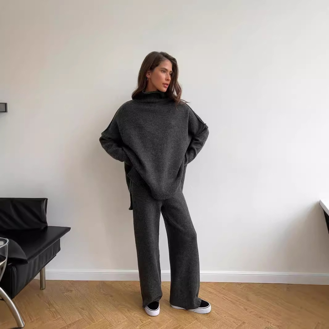 High Neck Split Wool Sweater Loose Casual Lazy Knitted Trousers Two Piece Set - Image 2