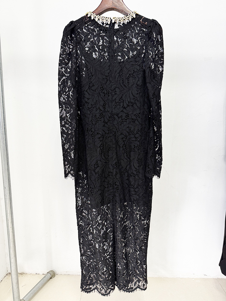 Spring Summer Star Bead Diamond Long Sleeve Slim Water Soluble Lace Dress - Image 12