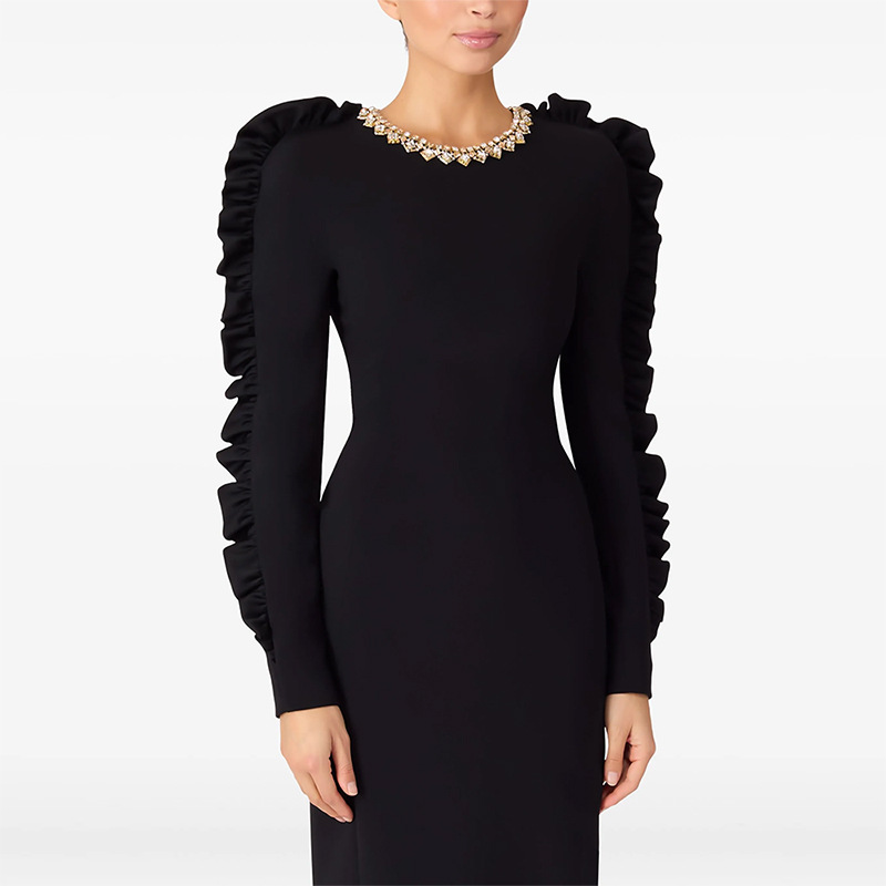 Autumn Star Fashionable Stringy Selvedge Three Dimensional Decoration Long Sleeve Mid Length Dress