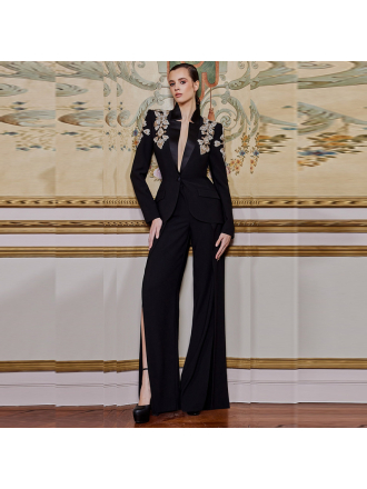 Star Exquisite Rhinestone Beaded Stand Collar Blazer Split Trousers Suit