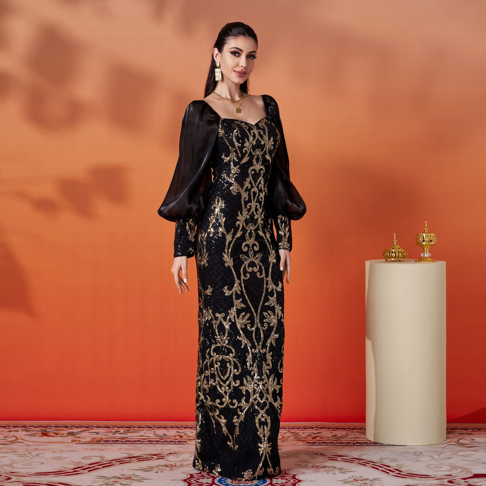 Long Sleeve Square Neck Slim Fit Sheath Sequined Cocktail Evening Dress - Image 2