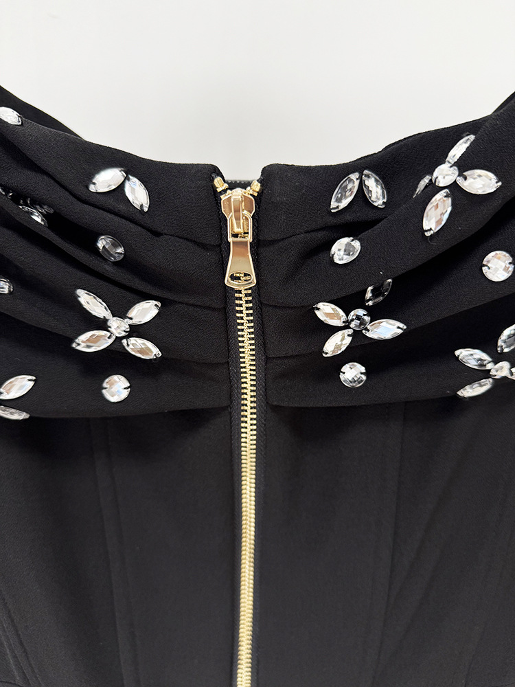 Off Shoulder Beads Rhinestones Mid Length Dress - Image 6