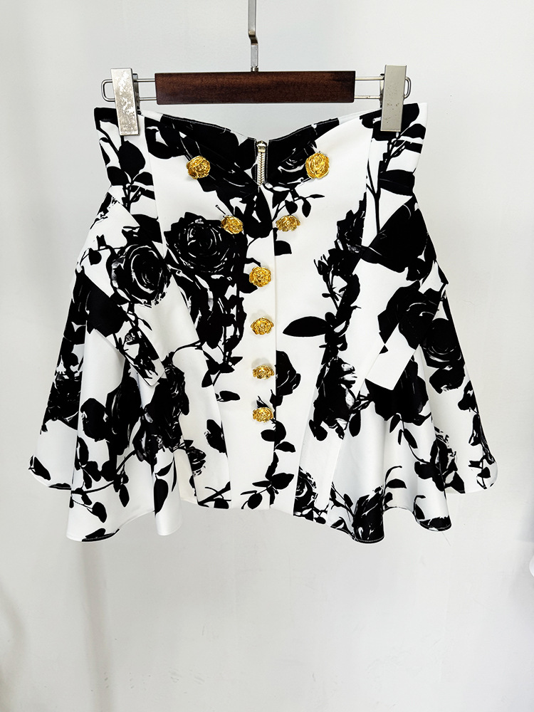 Star Tulip Waistline Rose Metal Buckle Printed Short Skirt - Image 2