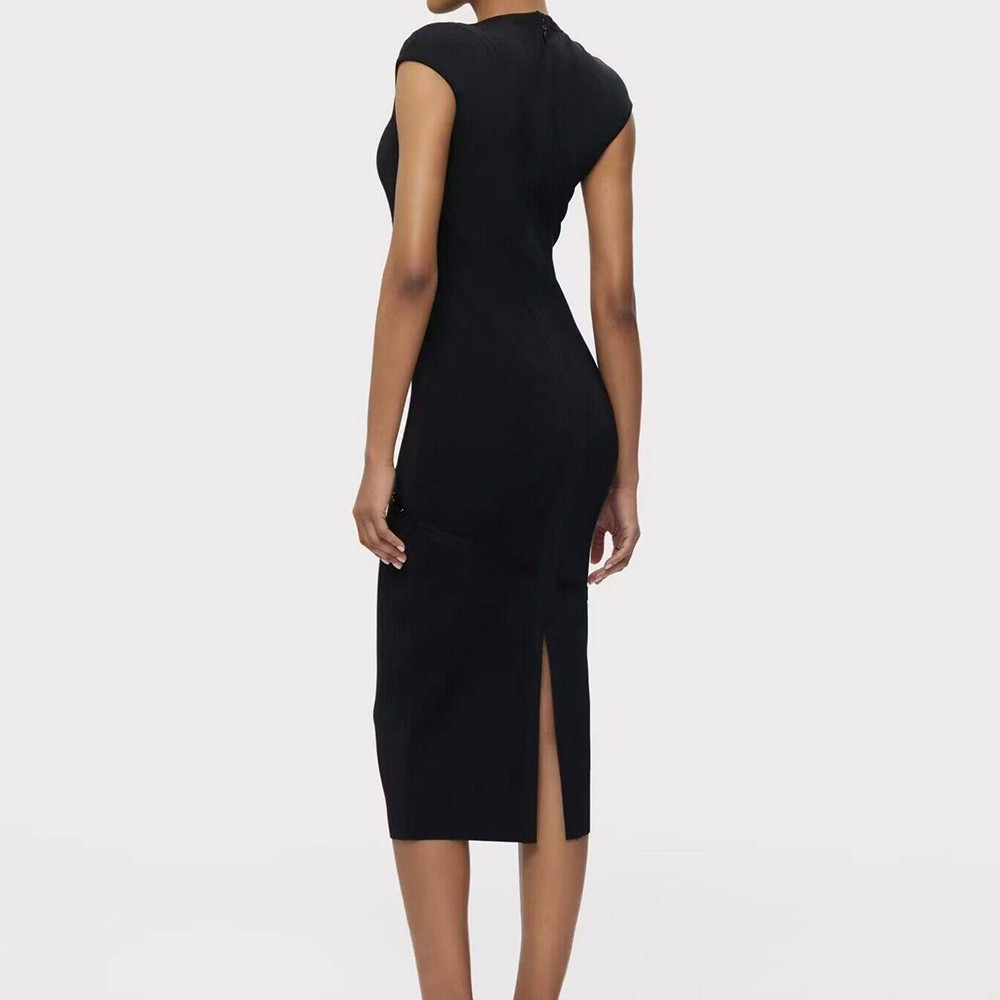 Round Neck Short Sleeve Slim Fit Rhinestone Beaded Bandage One Piece Dress - Image 2