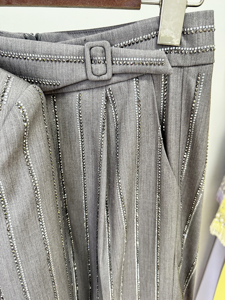 Spring Advanced Gray Heavy Embroidery Drilling Double Breasted Work Pant Two Piece Set - Image 7