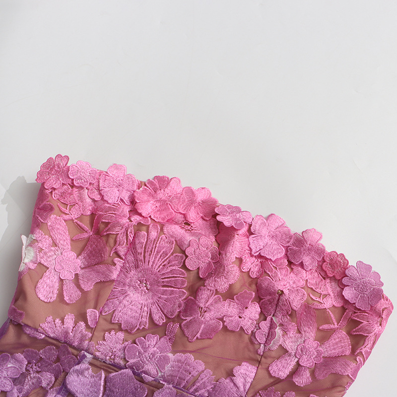 Elegant Tea Break Exquisite Embroidered Floral Gradient Color Tube Top Dress - Image 3