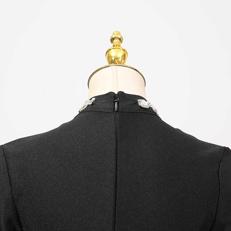Elegant Half Turtleneck Diamond Studded Hollow Out Cutout Bell Sleeve Bandage One Piece Dress - Image 3