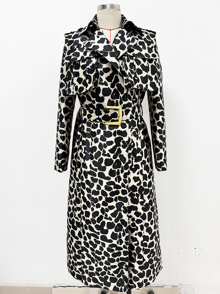 Autumn Winter Belt Leopard Jacquard Long Trench Coat - Image 2