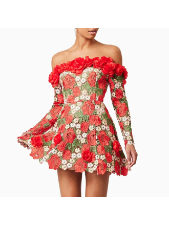French Pastoral Tube Top off Shoulder Floral Stitching Long Sleeve Dress