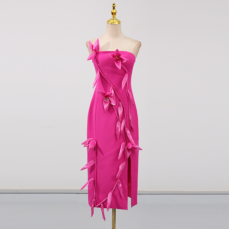 Elegant Summer Patchwork Three Dimensional Floral Slim Fit Slit Dress - Image 3