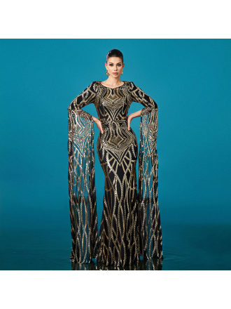 High End Long Sleeved Round Neck Slim Fit Sheath Sequined Cocktail Fishtail Evening Dress