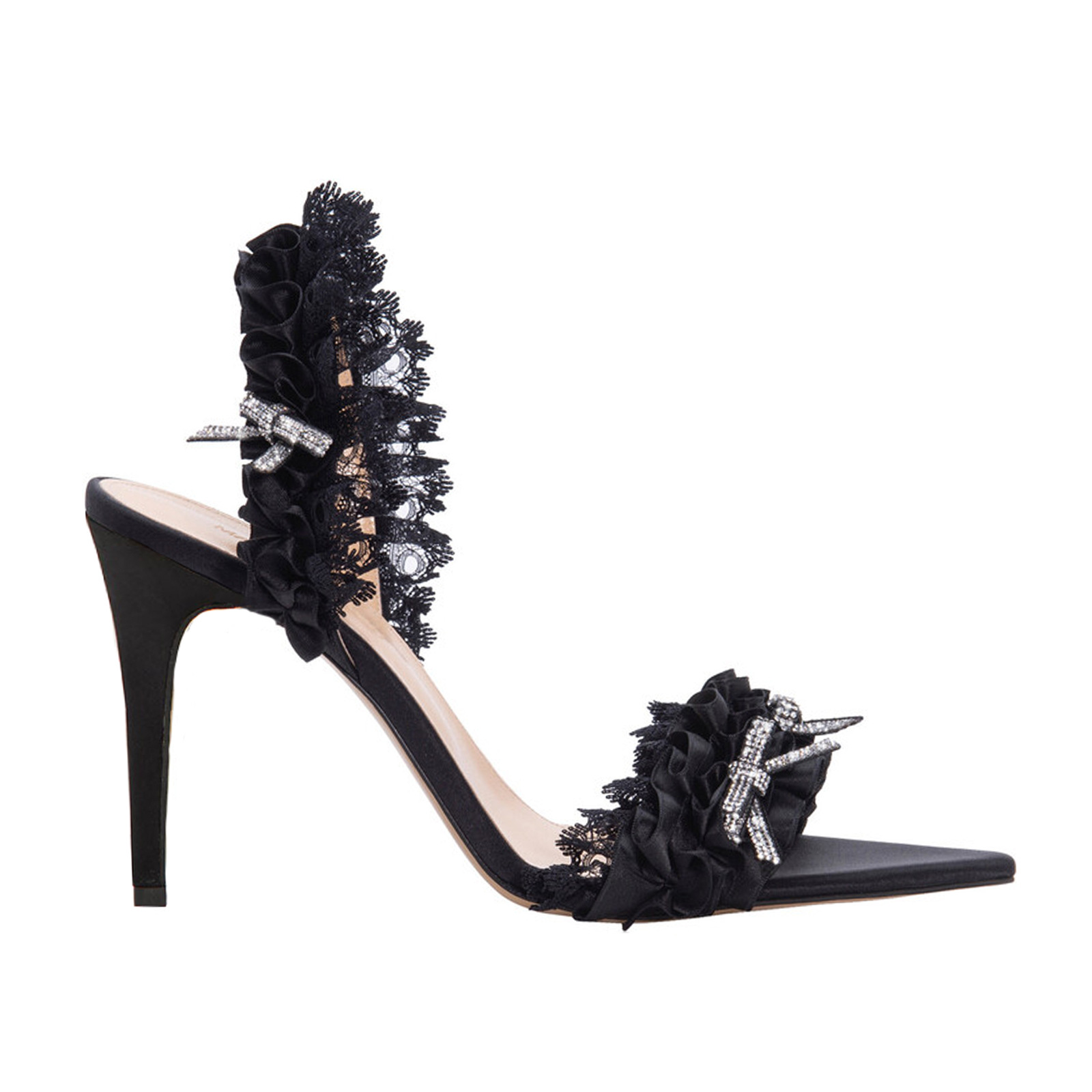 Mach Black Pink Lace Edge Stiletto Heel Pointed Sandals 11cm Heels Bowknot - Image 3