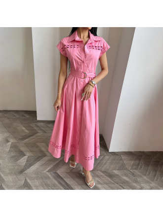 Solid Color Dress Summer Polo Collar Hollow Out Cutout out Belt Waist Trimming Short Sleeved Large Swing Dress