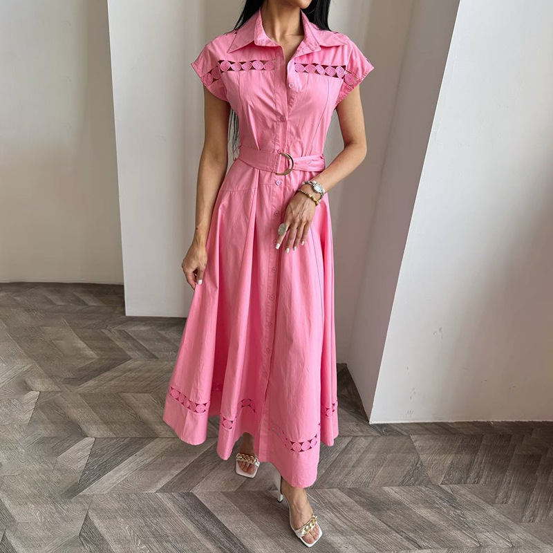 Solid Color Dress Summer Polo Collar Hollow Out Cutout out Belt Waist Trimming Short Sleeved Large Swing Dress