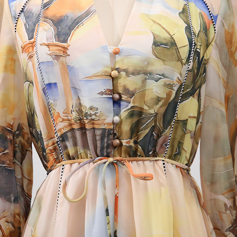 Elegant Retro Dress V neck Lace up Waist Tight High Grade Printing High Waisted Dress - Image 11