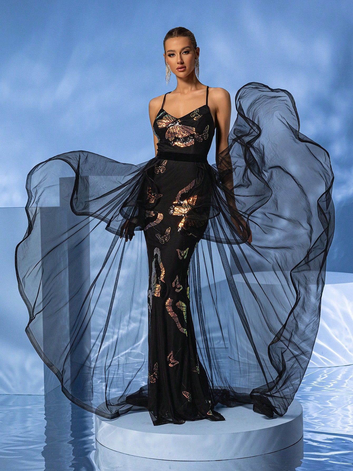 Butterfly Sequined Printed Stitching Mesh Party Fishtail Strap Evening Dress - Image 2