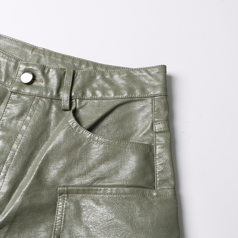 Unique High Waist Large Pocket Faux Leather Straight Leg Pants - Image 7