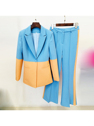 One Button Color Blocking Bell Bottom Pants Two Piece Set