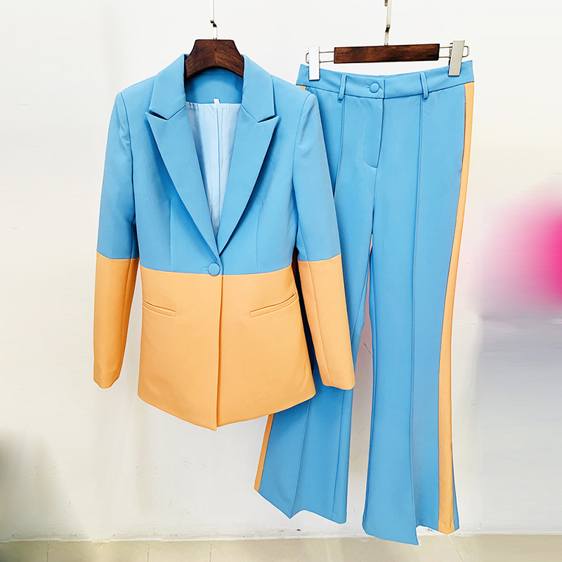 One Button Color Blocking Bell Bottom Pants Two Piece Set