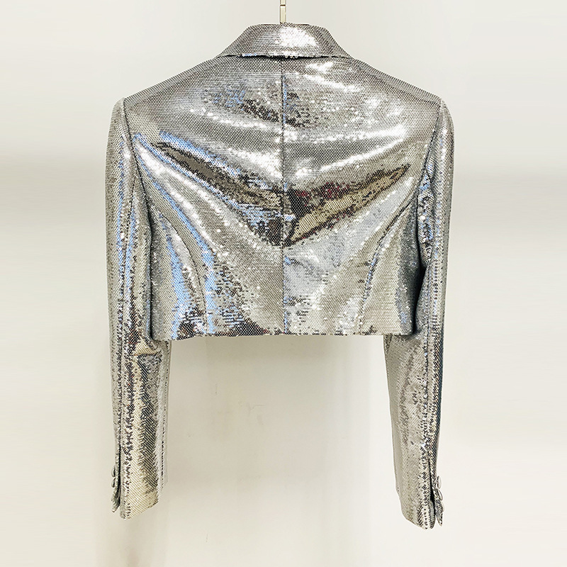 Metallic Coated Fabric Goods Personality Bling Shiny Sequ Short Suit Mid Length Skirt Set Two Piece Set - Image 3