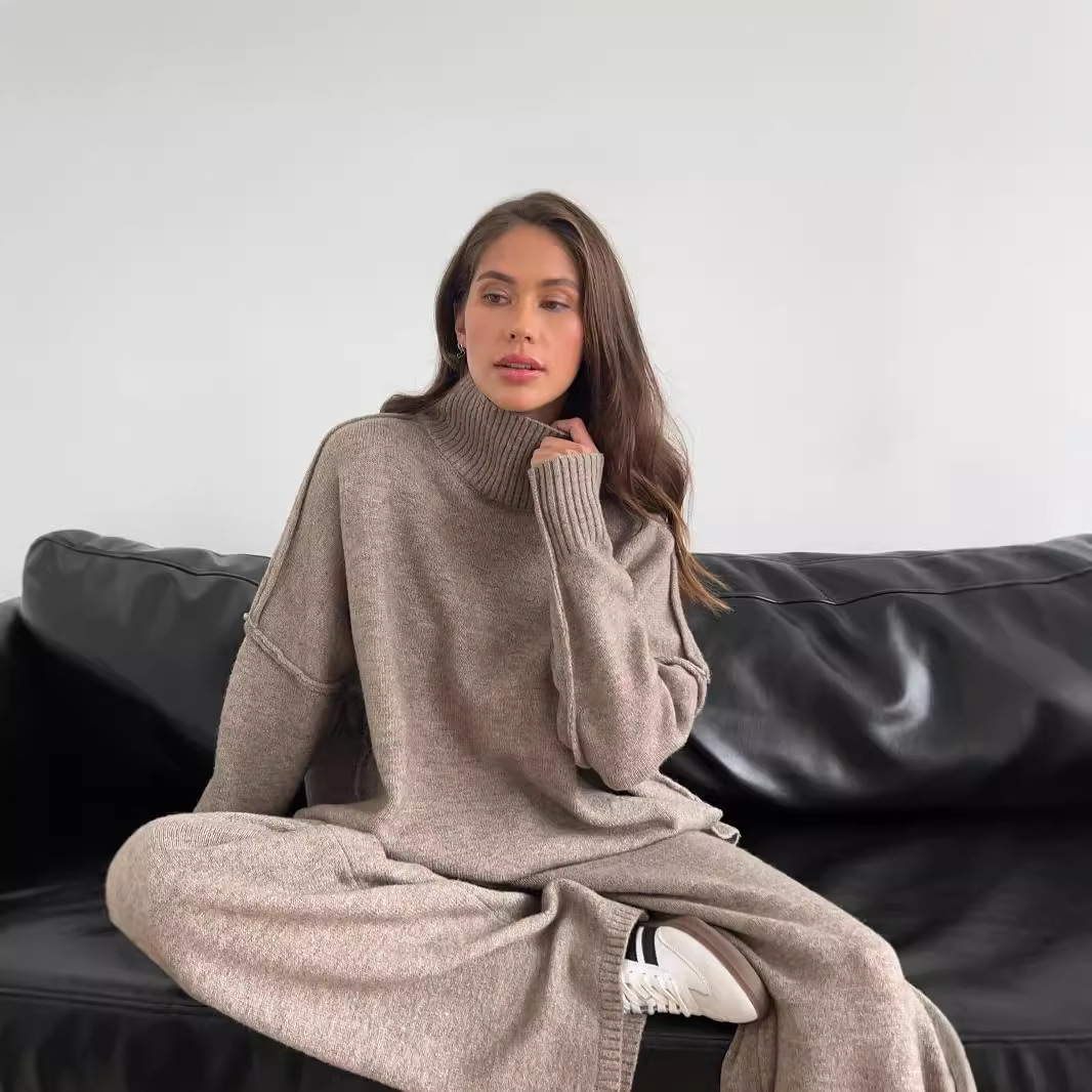 High Neck Split Wool Sweater Loose Casual Lazy Knitted Trousers Two Piece Set - Image 3