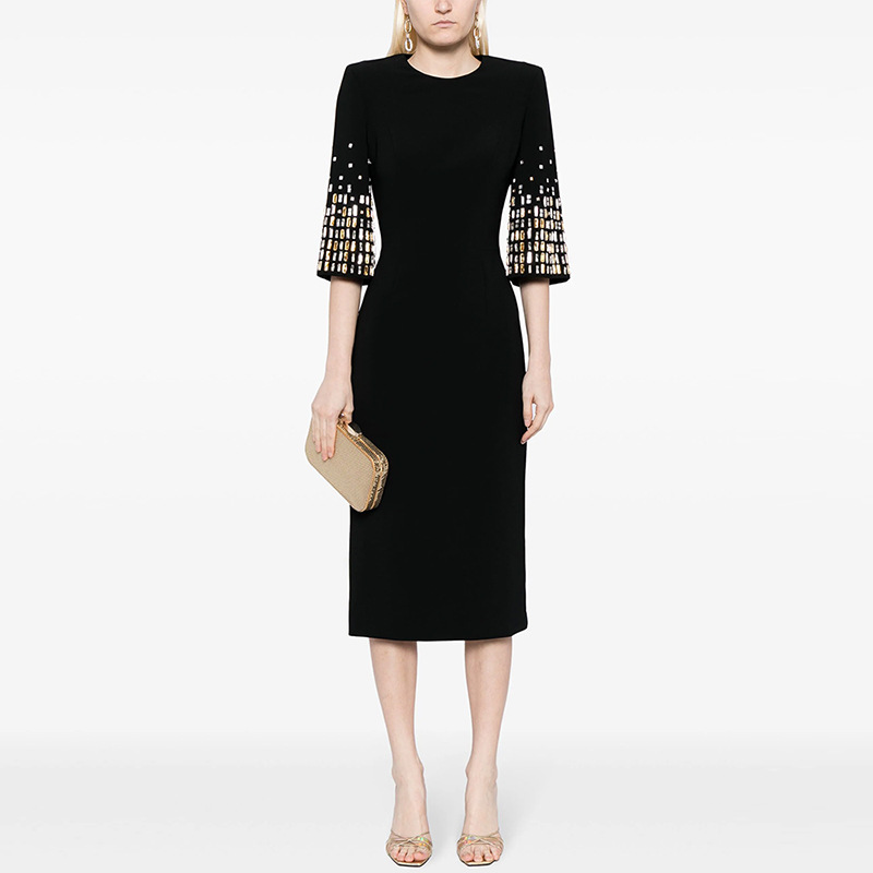 Heavy Industry Beads Diamond Five Quarter Sleeve Mid Length Dress