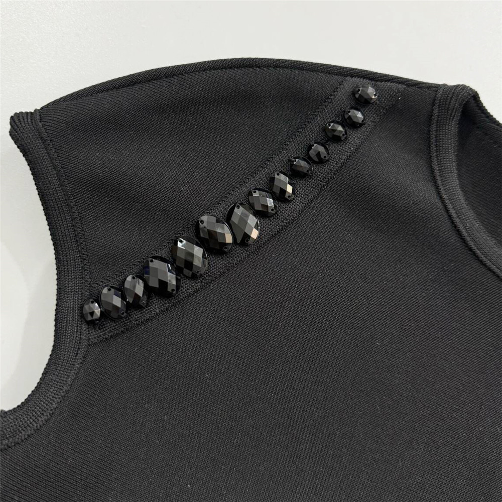Round Neck Short Sleeve Slim Fit Rhinestone Beaded Bandage One Piece Dress - Image 8