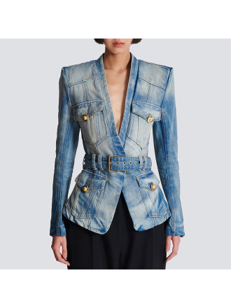 Early Autumn Stars Slim Fit Belt Washed Denim Blazer Jacket