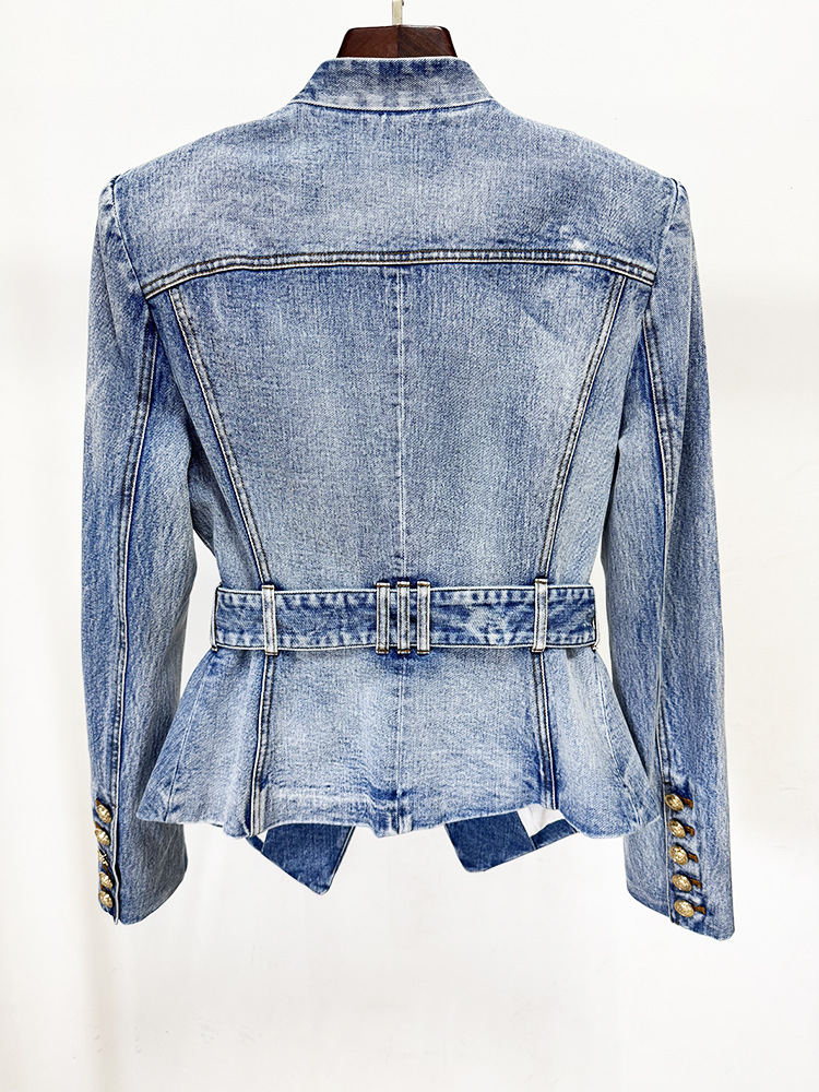 Early Autumn Stars Slim Fit Belt Washed Denim Blazer Jacket - Image 4