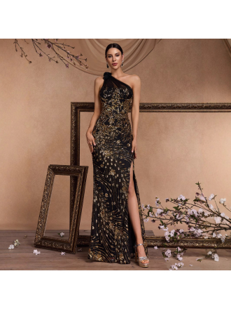 Long Elegant Oblique Shoulder Luxury Cocktail Party Dress