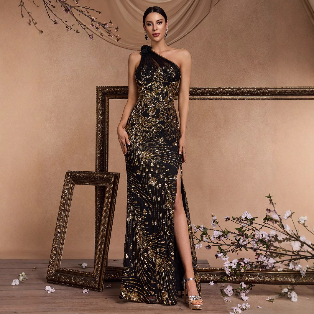 Long Elegant Oblique Shoulder Luxury Cocktail Party Dress