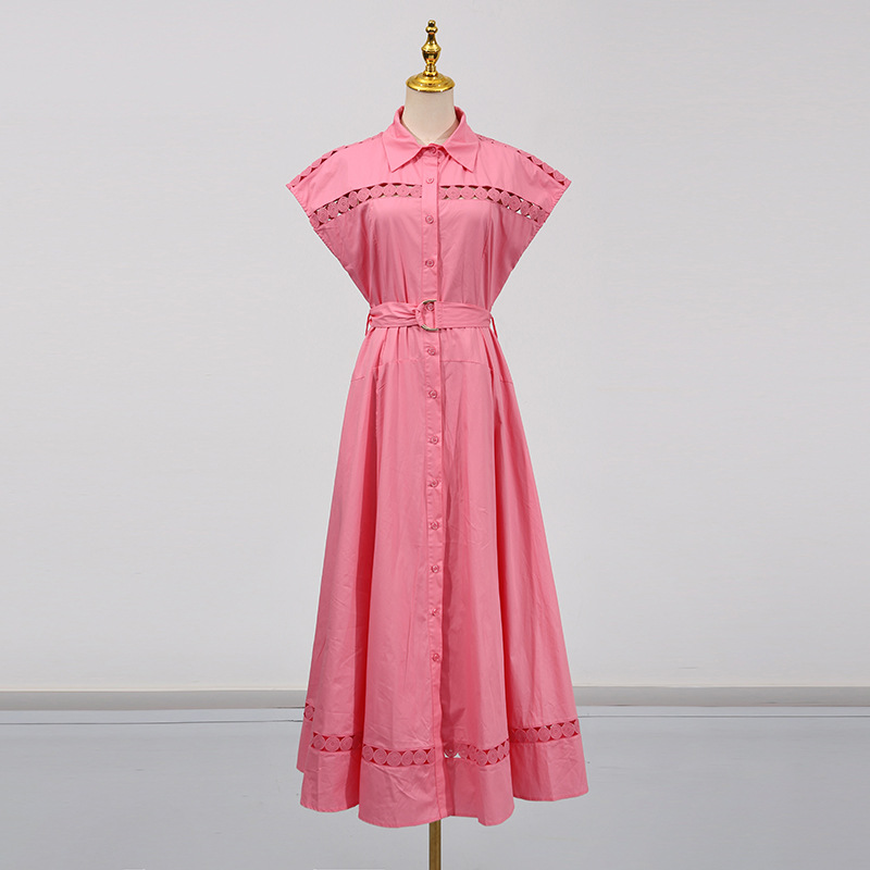 Solid Color Dress Summer Polo Collar Hollow Out Cutout out Belt Waist Trimming Short Sleeved Large Swing Dress - Image 7