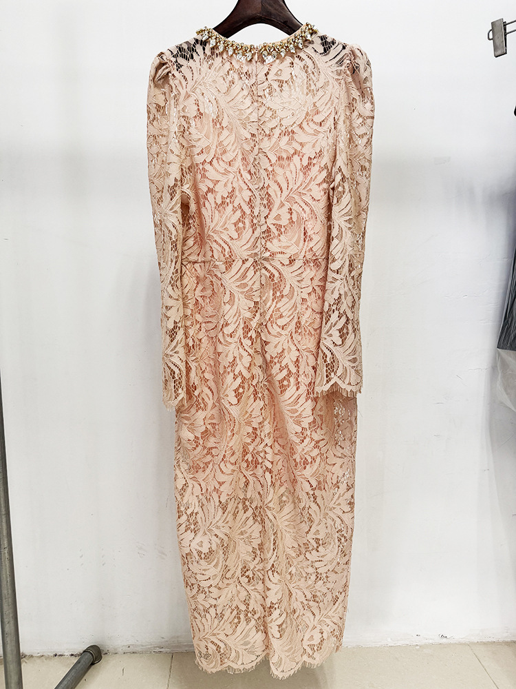 Spring Summer Star Bead Diamond Long Sleeve Slim Water Soluble Lace Dress - Image 5