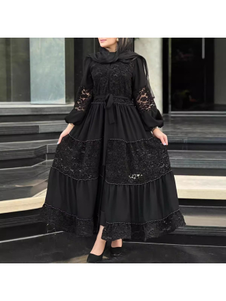 Retro Maxi Stand Collar Machine Embroidery Stitching Lace up Waist Controlled Dress