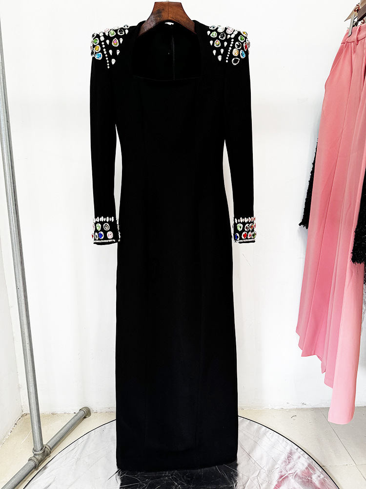 Elegant Heavy Industry Gem Diamond Long Sleeve Maxi Dress Formal Dress - Image 3