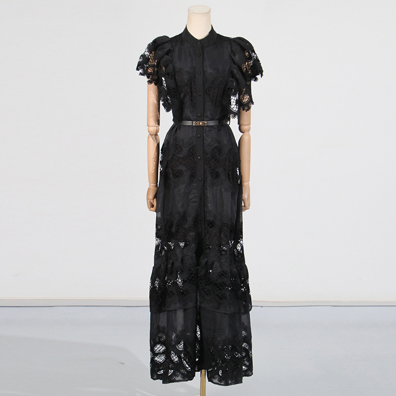 Refined Handmade Lace Patchwork Stand Collar Short Sleeve Belt Decoration Hollow Out Cutout Dress - Image 4