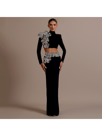 Diamond Bandage Skirt Set Long Sleeve Half Turtleneck Short Top Long Skirt Two Piece Set